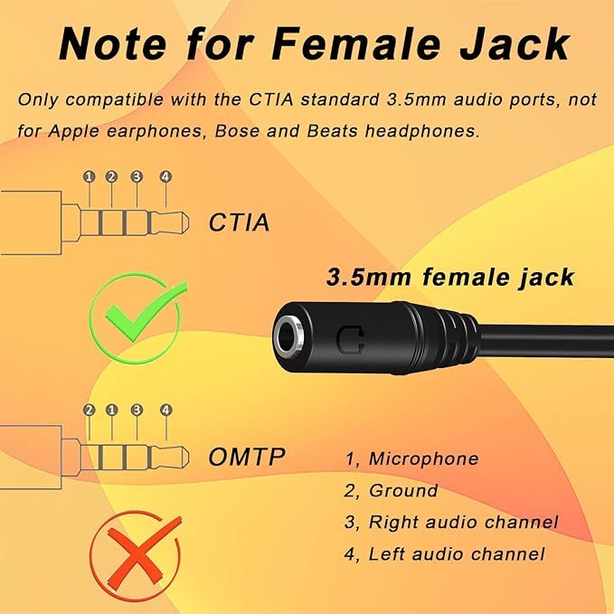 Weatwo 3.5mm Headphone Splitter for PC TRRS Female to TRS Dual Male Jack Y Splitter Aux Cable Headset Audio Adapter Cord for Gaming Headset Headphone Earphone to Dual-Jack PC Desktop Computer Laptop