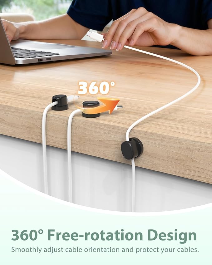 TIKIWIK Rotatable Cord Holder, Snap-Lock Cable Clips, 8 Pack Adhesive Cord Organizer, Phone Charger Wire Organizer Keeper for Nightstand Car Kitchen Office Accessory,Black