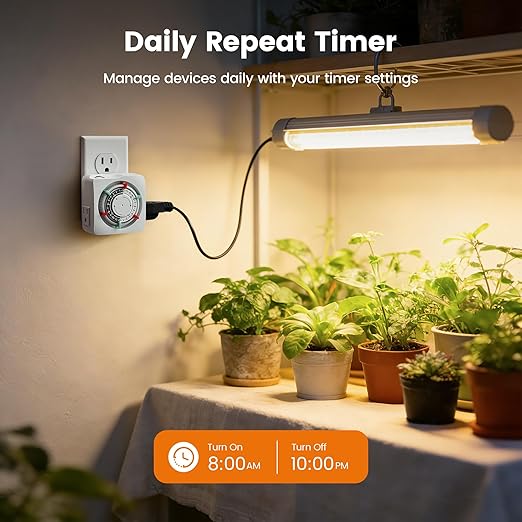 SURAIELEC Mechanical Timer with 2 Grounded Outlets, Indoor Electrical Plug in Timer with Trippers, 24-Hour Programmable and 3 Prong for Christmas Decorations, Plant Lights, Fan, 15A, White, 2 Pack