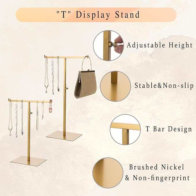 MCKECHSION Display Stand Stainless Steel Jewelry Towers Bag Stand Tabletop Double Hook Hanging Jewelry Stands for Necklaces Organizer Stand Adjustable Height Home Store Boutique, Gold