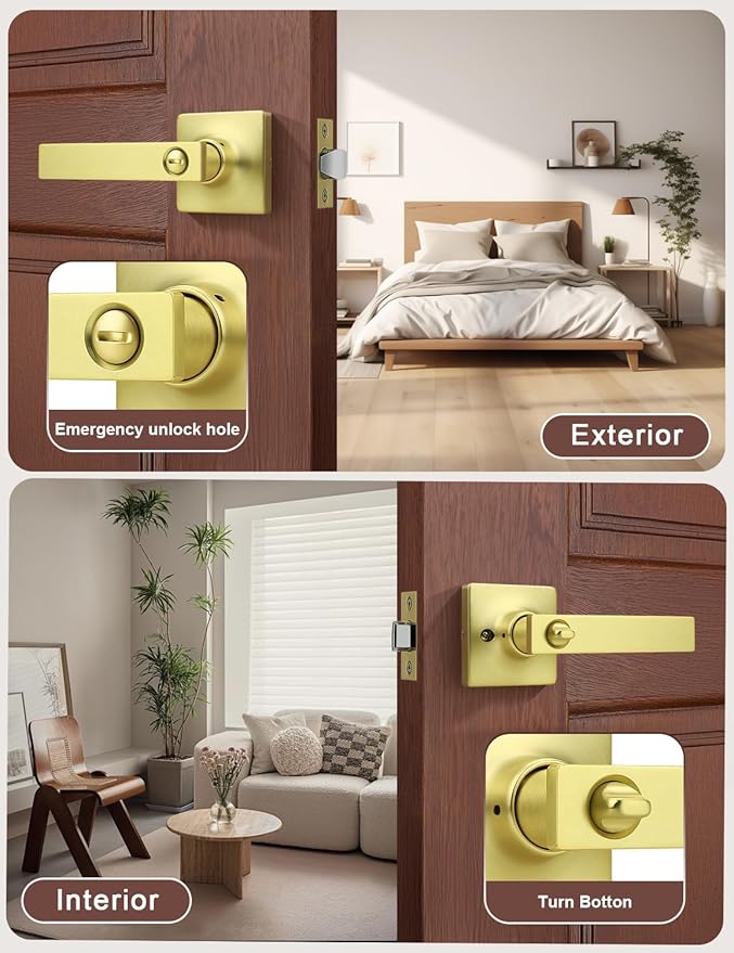 Mengico 4 Pack Gold Privacy Lever Door Handle Interior with Lock, Heavy Duty Square Door Lock for Bed/Bath, Keyless Door Locksets, Reversible for Left Right Handed Doors