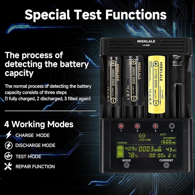 18650 Battery Charger, MIEKLALE 4-Bay 3A Fast Rechargeable Battery Charger with Smart LCD Display,Discharge & Testing Functions for Rechargeable Batteries Li-ion 16340 18650 26650 10440 14500