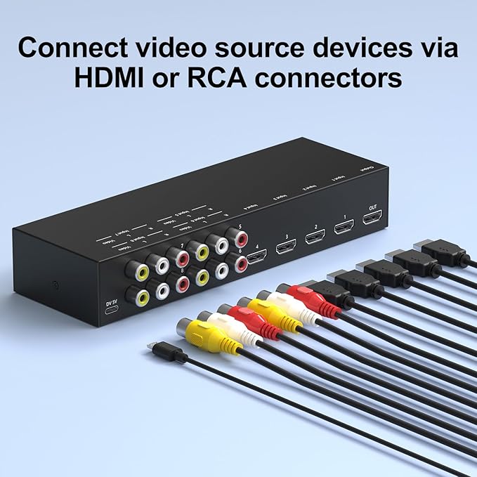 ZUZONG 4 AV to HDMI Converter + 4 HDMI2.0 Switcher(2 in 1) 4 Way RCA Composite to HDMI Adapter Support 4:3/16:9 Switching for N64 NGC WII Xbox PS2/3/4/5 DVD Xbox Series/ONE Switch/OLED