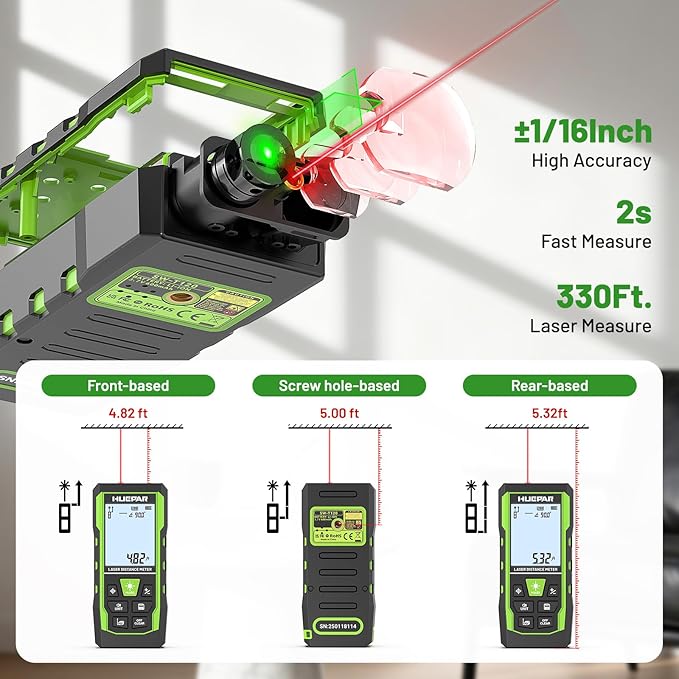 Laser Measure Device 3-in-1, Huepar 330ft Laser Measurement Tool & 33ft Cross Laser Level & 6.5ft Tape Measure, Rechargeable, Voice Broadcast, Multi-Mode, Rugged for Construction & Home Use, SW-T100