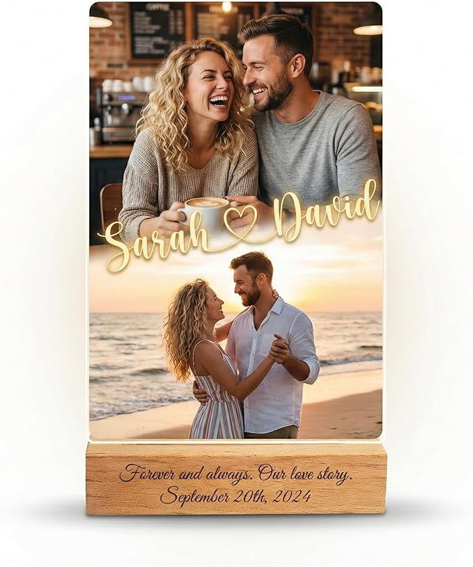 MamaEra Valentine’s Day Gift for Him - Personalized Photo Collage Night Light for Couples - Custom Acrylic LED Lamp with Names & Engraved Wooden Base - Romantic Anniversary, Wedding
