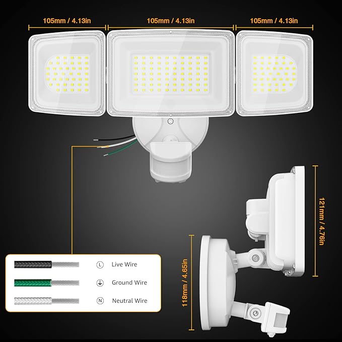 Onforu 100W LED Security Lights Motion Sensor Light Outdoor, 9000LM Ultra Bright, 6000K, IP65 Waterproof Flood Light Motion Detector with 3 Head, Exterior Floodlight Wall Light for Entryway, Garage