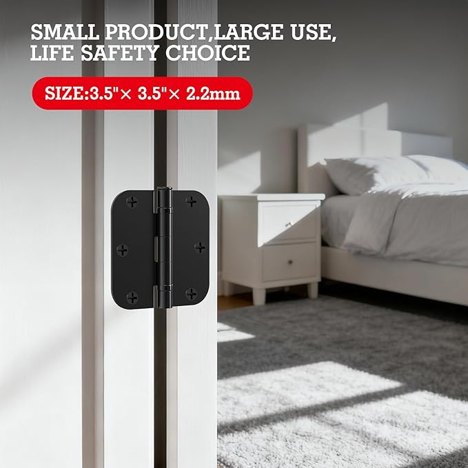 6 Pack No Squeak Matte Black Door Hinges 3.5 Inch 5/8"Radius Round Ball Bearing Interior 3-1/2"Flat Iron Bifold Residential Standard Bedroom Indoor for Doors 3 ½" Hardware House Home Decor Essentials