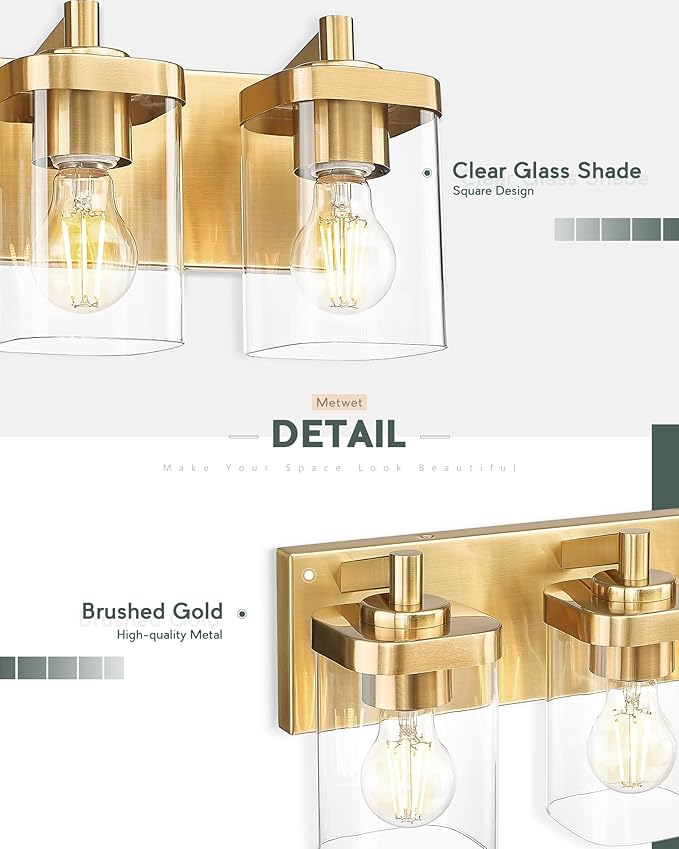 METWET Bathroom Light Fixtures, 25" Brushed Gold Vanity Light, 4-Light Modern Wall Sconces with Square Clear Glass Shade, Vanity Lighting Fixtures Over Mirror, VL194-BG-4