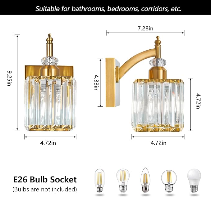 BBLLWJ Modern Wall Sconces Set of Two Gold Wall Sconces Indoor Wall Lamp Crystal Wall Light Wall Mounted Room Sconce Wall Lighting Bathroom Vanity Light Fixtures