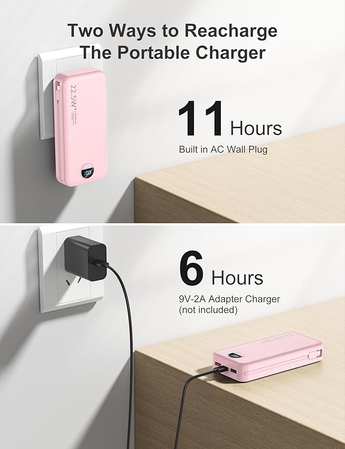 aonidi 20000mAh Ultra-Portable-Charger-Power-Bank PD20W with Built in Cables&AC Wall Plug,Fast Charging Cell Phone Charger Battery Pack,LED Display Travel Battery Bank for All iPhone,Samsung,Android