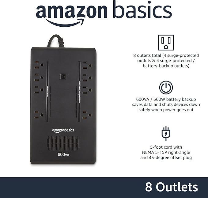 Amazon Basics UPS Battery Backup & Surge Protector 600VA/360W, 8 Outlets, Standby Uninterruptible Power Supply, for Power Outage Protection, Compact, Black