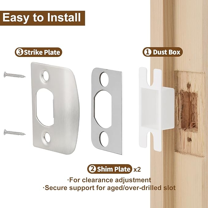 MOSECYOU Standard Door Lock Strike Plate with Spacer Shim, Door Latch Restorer, Universal Security Striker, Repair Kits to Fix Door Won’t Latch in (Satin Nickel)