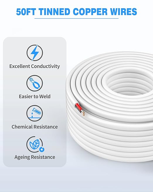 NAOVEO 12 Gauge Wire 2 Conductor Electrical Wire, 12 AWG Stranded PVC Tinned Copper Cable, Flexible/Low Voltage Automotive Wiring for LED Lamps, Marine, Speaker, Appliances (50FT)