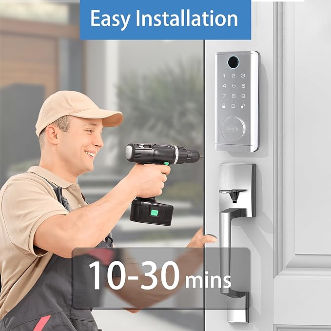 UMIK UMIKSMART Fingerprint Door Lock with Handle Set, Keyless Entry Smart Door Lock, Electronic Keypad Deadbolt Locks, App Control for Front Door, Home (Matte Silver in Zinc)