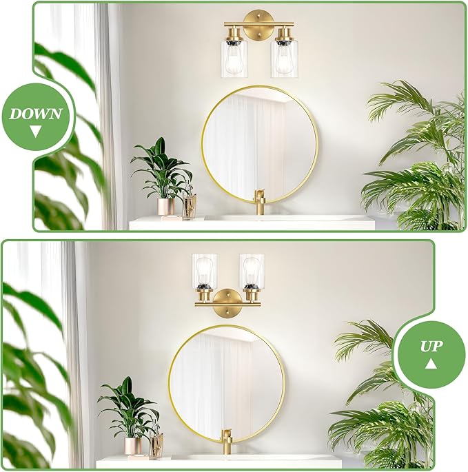 Guliaofo 2-Light E26 Bathroom Light Fixtures, Modern Brushed Gold Vanity Lights for Bathroom with Clear Glass Shade, Mirror Kitchen Hallway Cabinet Living Room Sconces Wall Lights