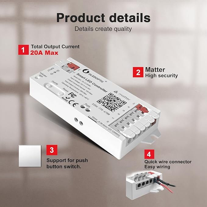 GLEDOPTO Alexa Connect Kit Matter LED Strip Light Controller RGBCCT PWM Dimming Work with Matter Echo Device Zero Touch Pairing Easy Wiring for RGBCCT Analog Strip Light (Matter Hub Require)