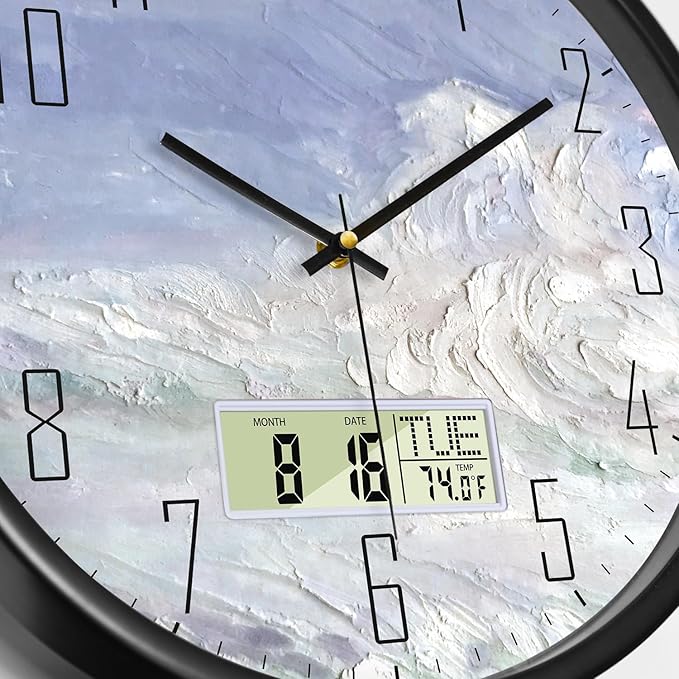 SCOAGE Digital Wall Clock Battery Operated with Day and Date Temperature Blue White Wave Calendar Clock with Large Display Silent for Room Bathroom Bedroom Living Room Farmhouse Decor 14 Inch