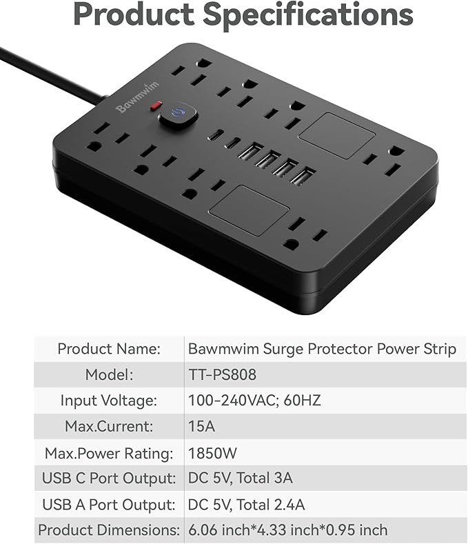 Bawmwim Surge Protector Power Strip - 8 Outlets(1850W/15A) with 6 USB Ports（2 USB C, 6FT Flat Plug Extension Cord, Wall Mount Multi Plug Outlet Extender, ETL Listed for Home, Dorm Room, Black