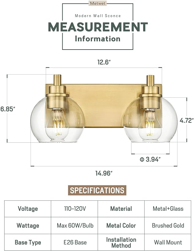 METWET Bathroom Light Fixtures, 2 Light Brushed Gold Vanity Light, Modern Wall Sconces with Clear Glass Globe Shade, Bathroom Wall Lights Over Mirror Kitchen Bedroom Hallway, VL195-GD-2
