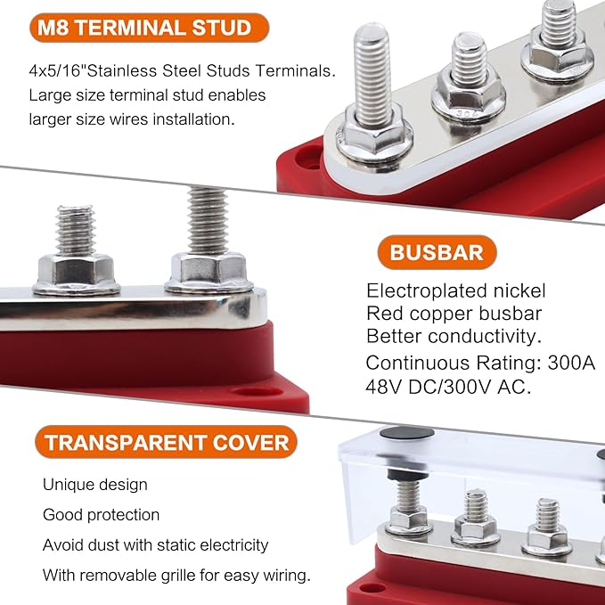 AMOMD 300A PowerBars 4 Terminal Studs (5/16 inch) M8 Nickel Plated Copper Distribution Block Electrical Negative Bus Bars Ground Block with Cover for Trailer Marine Boat Car RV (Red)