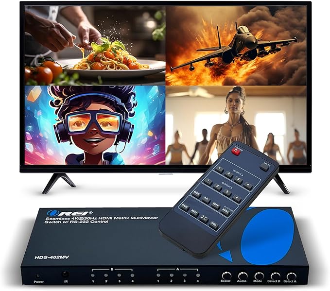 OREI Quad Multi HDMI Viewer 4 in 2 Out, HDMI Matrix Switcher 4 Ports Seamless Switching and IR Remote Supports 4K PIP PS5/PC/DVD/Security Camera, HDMI Switch RS-232 Optical Out - HDS-402MV
