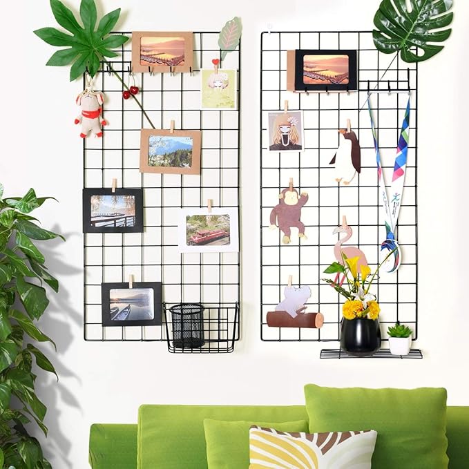 Wall Photo Grid Shelf, Wall Hanging Ins Art Display Grid Panel for Decor & Storage, Metal Wire Notice Boards & Memo Board, Mesh Tool Organiser, Wall Photo Frame 2 Pcs (Black, 15.7 x 31.5 inches)