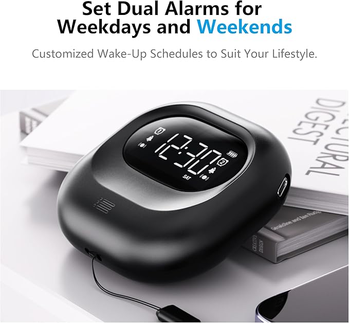 Mesqool Vibrating Alarm Clock for Heavy Sleepers, Battery Operated Rechargeable Bed Shaker Under Pillow, Weekday/Weekend Dual Alarms, Wireless, Cordless, Travel Digital Clock for Hearing-impaired