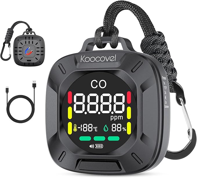 Portable Carbon Monoxide Detector Travel, Rechargeable 3-in-1 CO, Temperature & Humidity Meter, 240h Standby,Custom Alarm Thresholds, with Magnetic Back,for Hotel,Home,Camping for Car RV(Black)