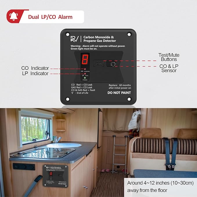 RV Carbon Monoxide and Propane Detector, Replace The Old RV Gas Detector #31011,2 in 1 Dual CO/LP Gas Alarm,100dB Loud Alarm,12V DC for Motorhome Travel Trailer, Motor Coach (R503 Flush Mount-Black)