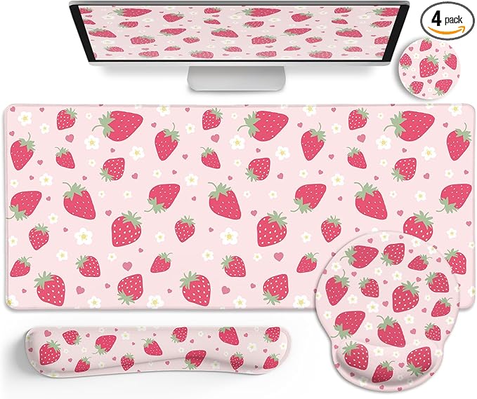 LIMKRIAN Strawberry Mouse Pad Desk Mat Set, Pink Ergonomic Mouse Pad with Wrist Rest, Large Gaming Mousepad Wrist Support Keyboard Mat Cup Coaster Set, Cute Office Desk Decor Accessories Supplies