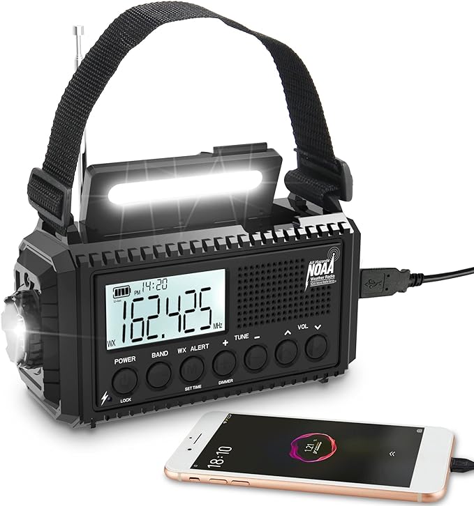 Auto NOAA Digital 5000 Weather Radio with Backlit LCD Screen, 5 Way Powered Solar Hand Crank Portable AM/FM/Shortwave Emergency Radio/Phone Charger,Read Lamp/Camping Flashlight,Earbud Jack,Clock,SOS