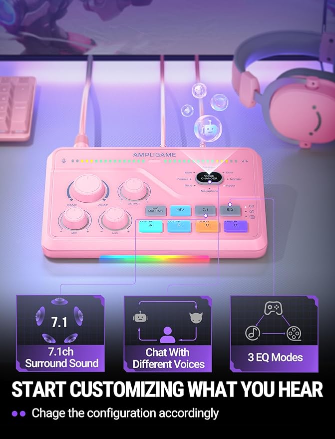 FIFINE Streaming Audio Mixer with XLR Mic Interface & 7.1 Surround Sound, Gaming RGB Mixer for PC/PS4 with Individual Volume Knob, 3 EQ Mode, 48V Phantom Power,Voice Changer-AmpliGame SC8P