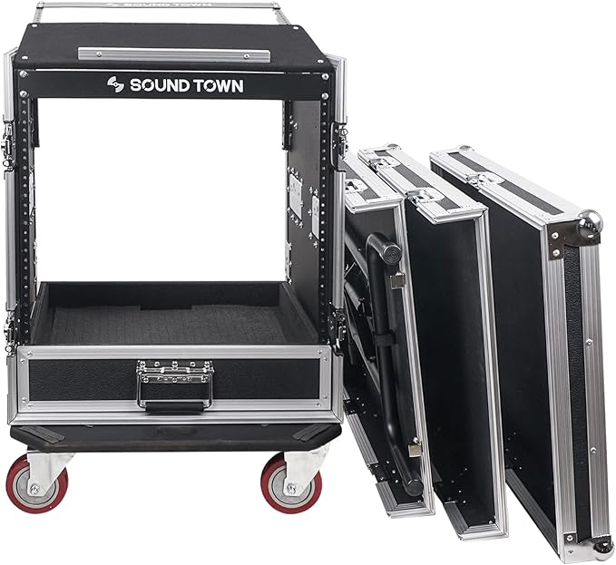 Sound Town 12U PA DJ Pro Audio Rack/Road ATA Case with 2U Drawer, 11U Slant Mixer Top, DJ Work Table, Casters, Pro Tour Grade (MR-DR12UT)