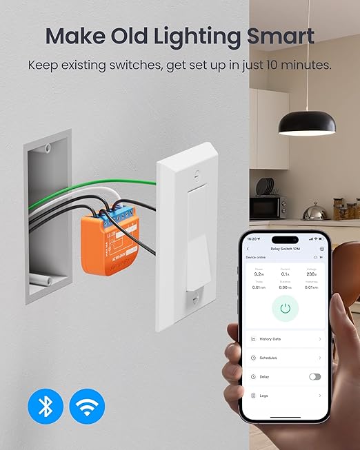 SwitchBot Matte Relay Switch 1PM, WiFi Switch Compatible with Alexa/Apple Home/Google Home, Power-Measuring Relay Switch Module with Integrated Bluetooth Repeater, Bluetooth & WiFi 2.4GHz, 16A