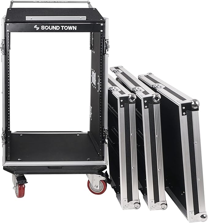 Sound Town Heavy-Duty 1/2" (12mm) Plywood 16U PA DJ Rack/Road ATA Case with 11U Slant Mixer Top, 20" Rackable Depth, 2 DJ Work Tables and Casters, Pro Tour Grade (STMR-16UWT2)
