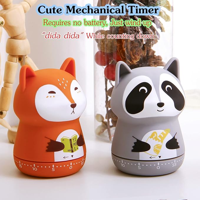 NUOSWEK Mechanical Kitchen Timer - Cute Animal Wind Up 60 Minutes Manual Countdown Timer for Kids, Classroom, Home, Study and Cooking - Grey Raccoon
