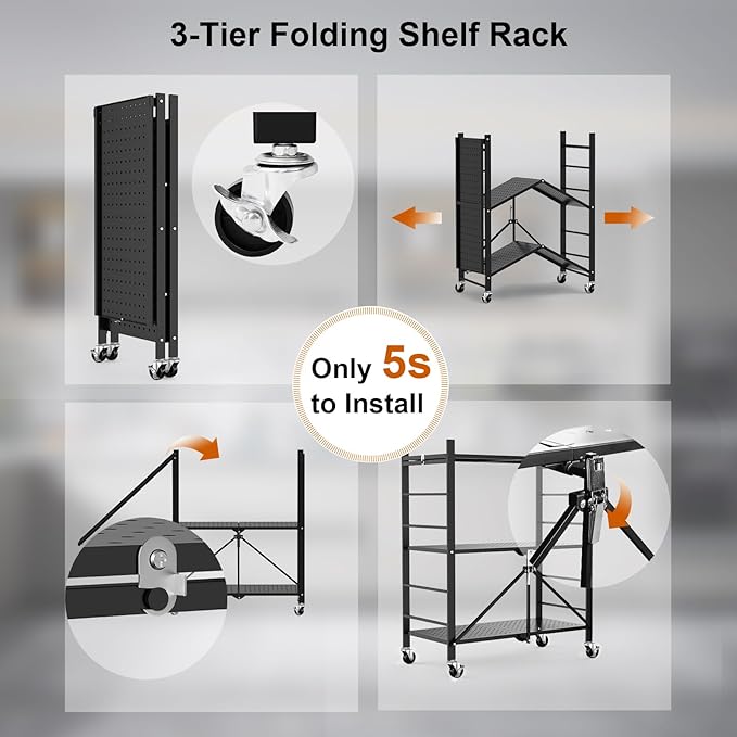 Himix Storage Shelves with 6 Hooks, 3 Tier Foldable Shelf with Wheels, Metal Storage Shelving Unit Rolling Cart, Utility Shelf Rack Organization Shelves for Pantry, Kitchen, Black - No Assembly