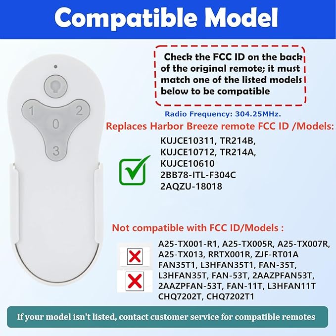 Ceiling Fan Remote Control Compatible with Harbor Breeze KUJCE10311/TR214A KUJCE10712/TR214B 2BB78-ITL-F304C, 304.25 MHz，3-Speed and Light Dimmer Learn Key (Remote Only)