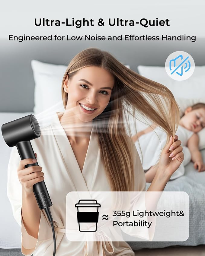 High Speed Hair Dryer 160000 RPM, Professional Ionic Blow Dryer for Fast Drying, Smart Thermo-Control, 500 Million Negative Ions, Quiet Lightweight Hairdryer with Magnetic Diffuser & Concentrator