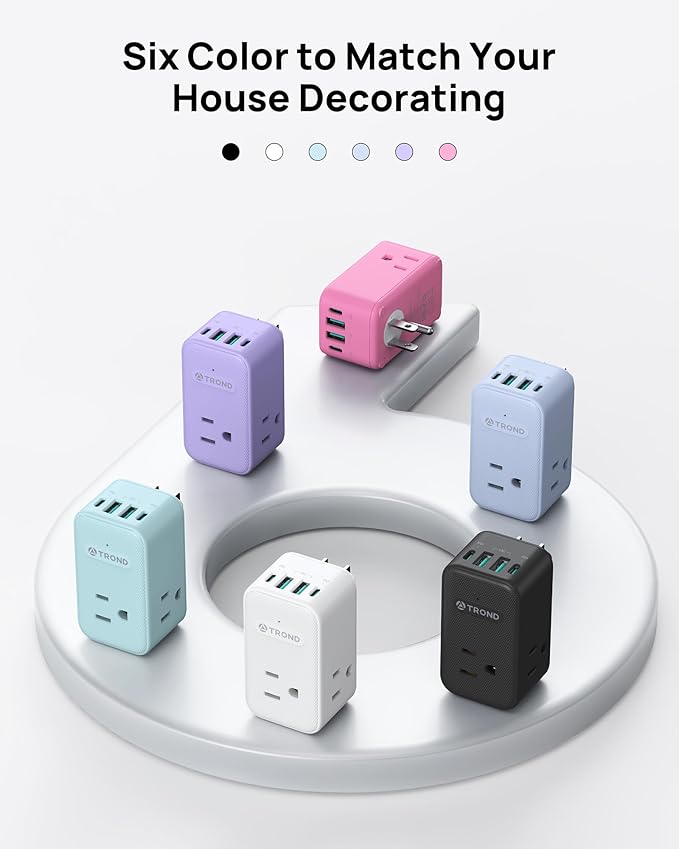 TROND Multi Plug Outlet Extender, 3 AC Outlet Adapter with 360 Rotating Plug, Black Power Splitter with PD 20W USB C Charger, A Compact Solution to Home Dorm Room Travel Cruise Essentials