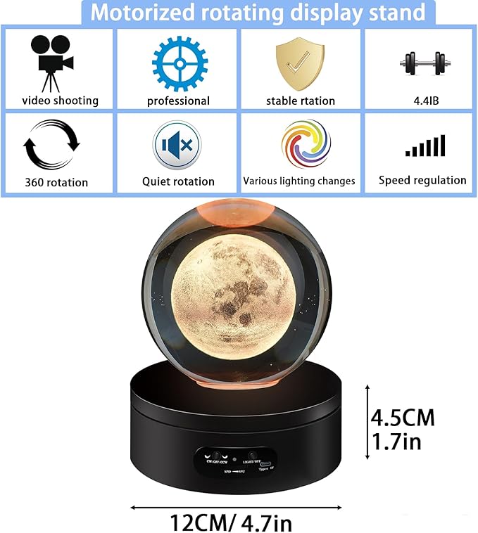 YVV LED Rotating Display Stand, Lighted Base-Crystal Glass Art, 360 Degree Automatic Mute Rotating Turntable, Motorized Display Stand with Colorful Lights, Tumbler Supplies Spinner 4.72in