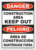Brimar - 10" x 14" - Bilingual Danger Construction Area Keep Out Sign - .055″ Polyethylene Plastic - Bold Text - Easy Installation
