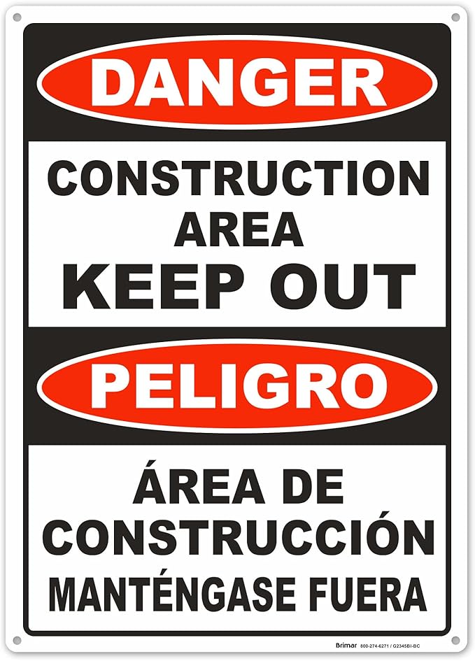 Brimar - 10" x 14" - Bilingual Danger Construction Area Keep Out Sign - .055″ Polyethylene Plastic - Bold Text - Easy Installation
