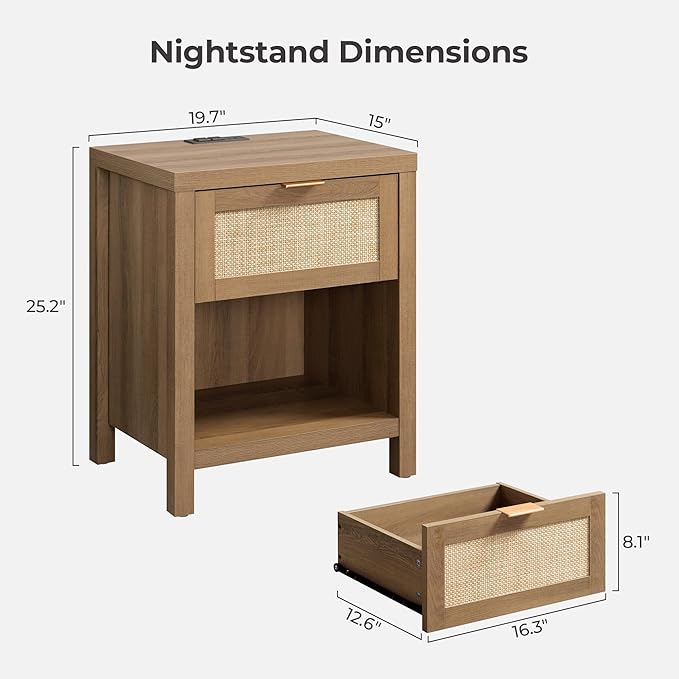 SICOTAS Rattan Night Stand with Charging Station - Farmhouse Nightstand with Type-C and USB Ports, Boho Accent Bed Side Table with Drawer and Open Shelf for Bedroom Small Space, Oak
