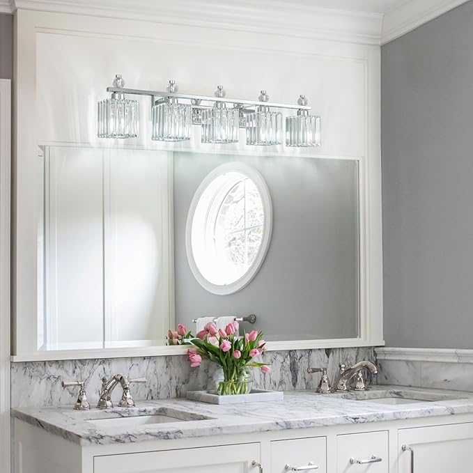 FDPBY Vanity Lights 5-Light Modern Crystal Vanity Light Chrome Bathroom Light Fixtures Over Mirror Crystal Bathroom Vanity Lighting Fixtures