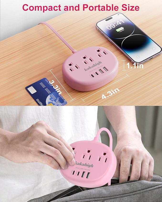 Pink Extension Cord - 10 FT Flat Extension Cord, 1625W Cute Extension Cord with 3 AC Outlet 4 USB (24W/4.8A), Compact for Cute Pink Kawaii Desk Home Essentials
