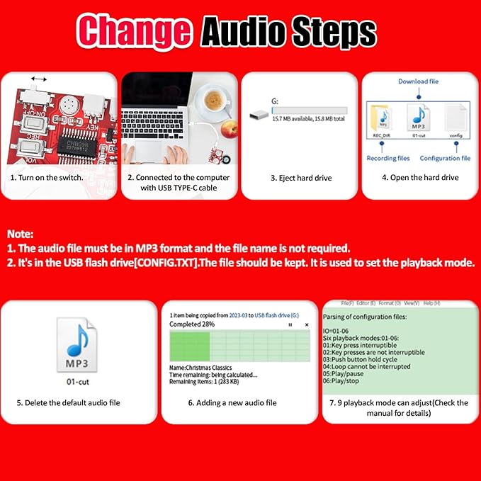 Sound Module, JRGKJCP 16MB Push Button, Magnetron,Light Control Activated Recordable Voice Sound Chip Module with Light Strip,Speaker,for Greeting Card Audiobook, Xmas Presents Boxes, Kids's Toys.