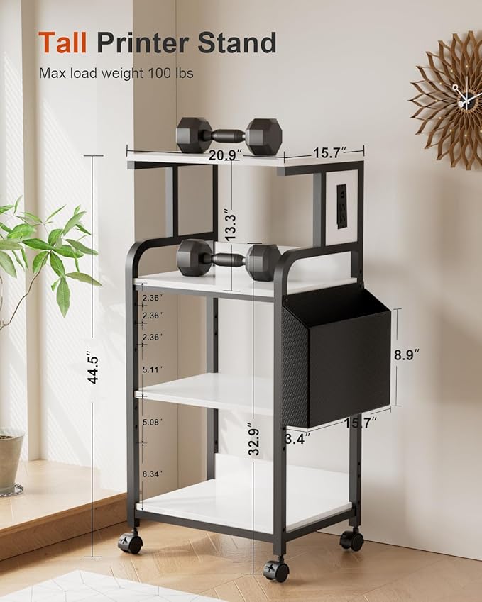 DongRong Tall Printer Stand with Storage Adjustable Shelf and Bag, 4-Tier Large Printer Table with Charging Station for Home Office, Printers Cart with Wheels for 3D Shredder Scanner Fax (White)