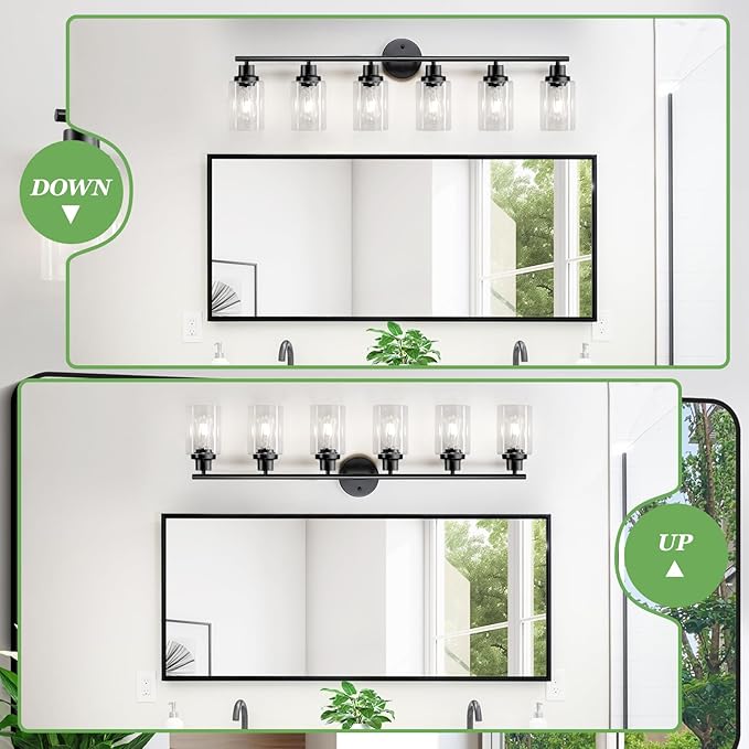 Guliaofo 6-Light E26 Black Bathroom Vanity Lights, Modern Bathroom Light Fixtures with Clear Glass Shade, Wall Lamps for Mirror Hallway Kitchen Cabinet Living Room Sconces Lights