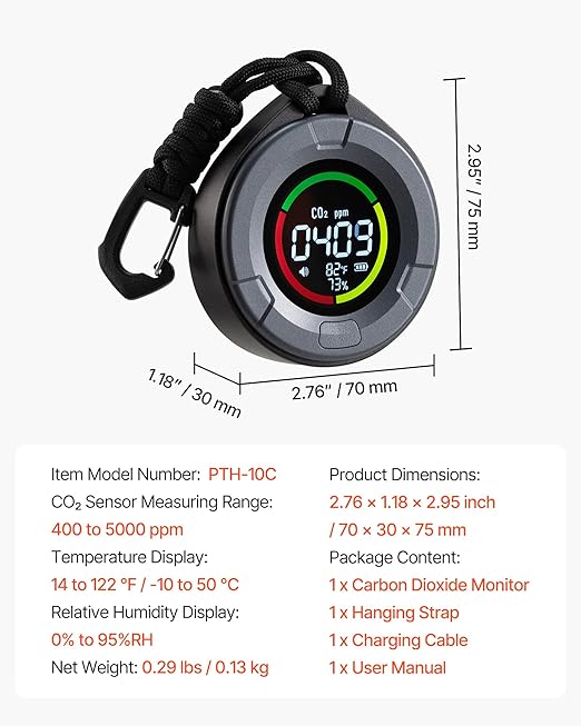 VEVOR Carbon Dioxide Monitor, CO2 Controller with Temperature and Humidity Display, NDIR Sensor Carbon Dioxide Detector, for Outdoors, Home, Office, Car, Lightweight & Portable